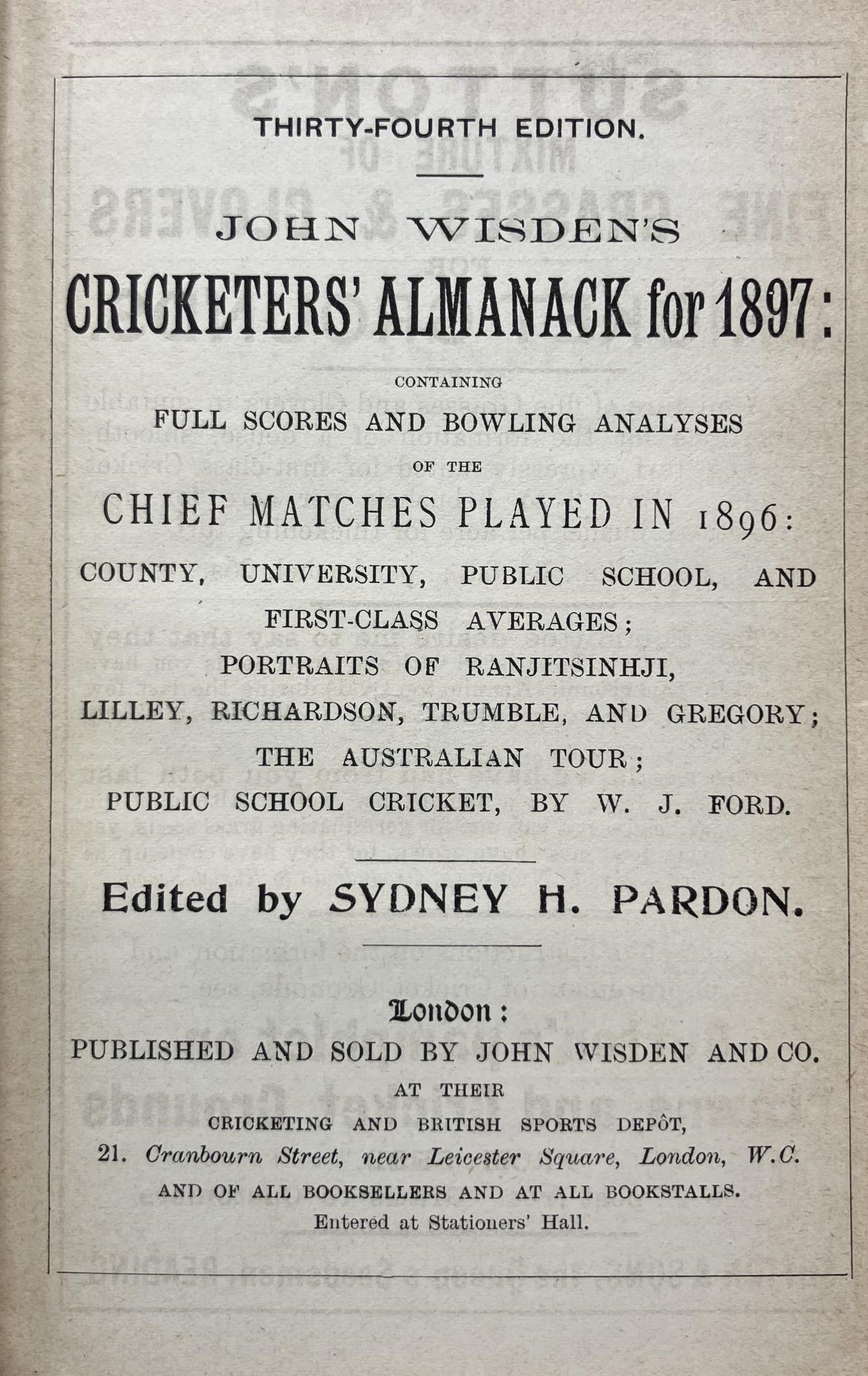 A Wisden Cricketers' Almanack, 1897 Provenance:  From the Harry Brewer Cricket Memorabilia