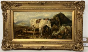 20th century, English school, two horses and a dog, oil on canvas, 18 x 38 cm