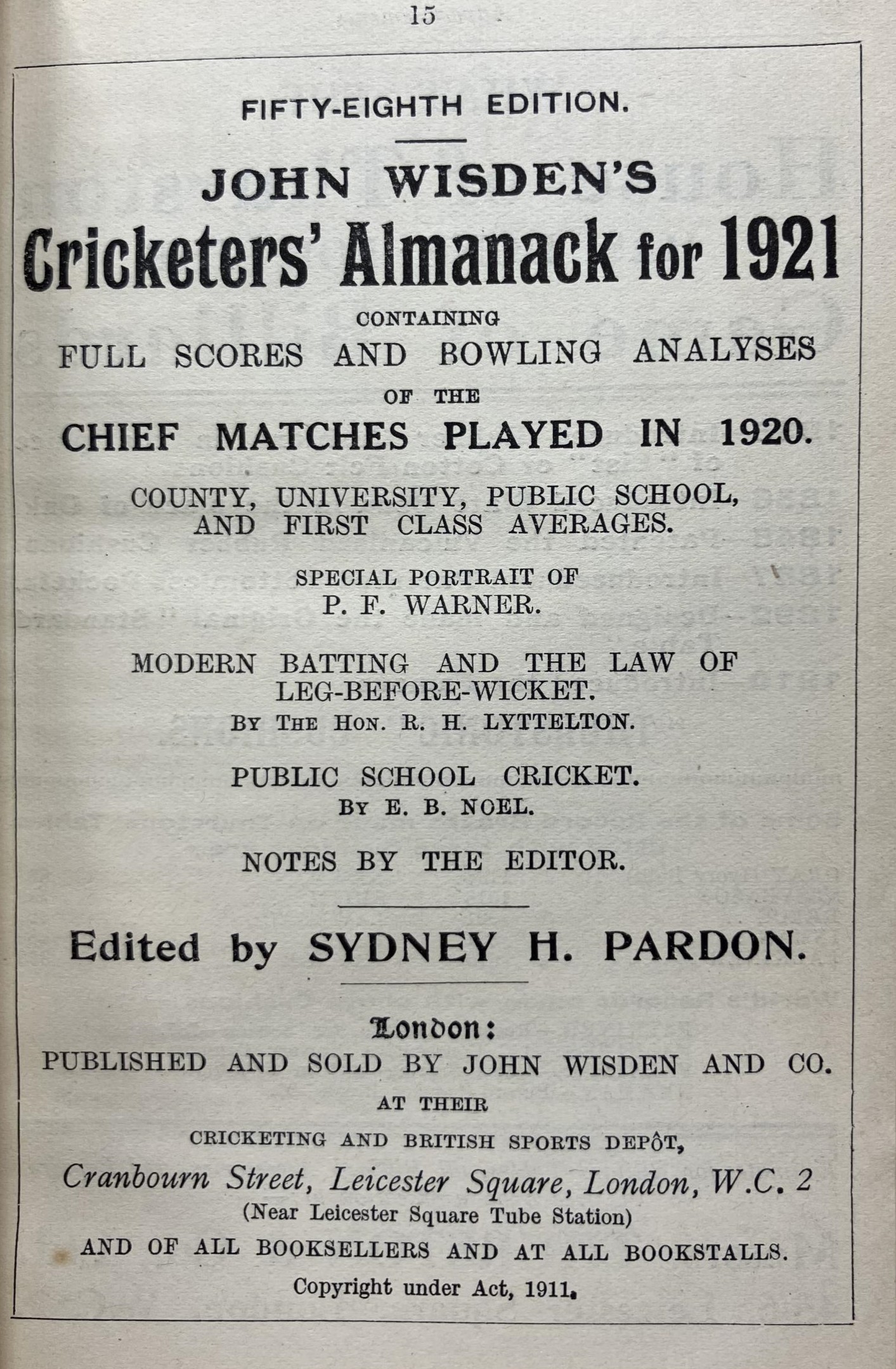 A Wisden Cricketers' Almanack, 1921 Provenance:  From the Harry Brewer Cricket Memorabilia