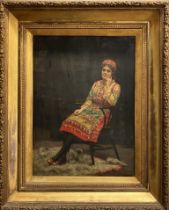 E Rosher, Ethel Rees-Webbe aged 19 in Russian fancy dress, oil on canvas, indistinctly signed and