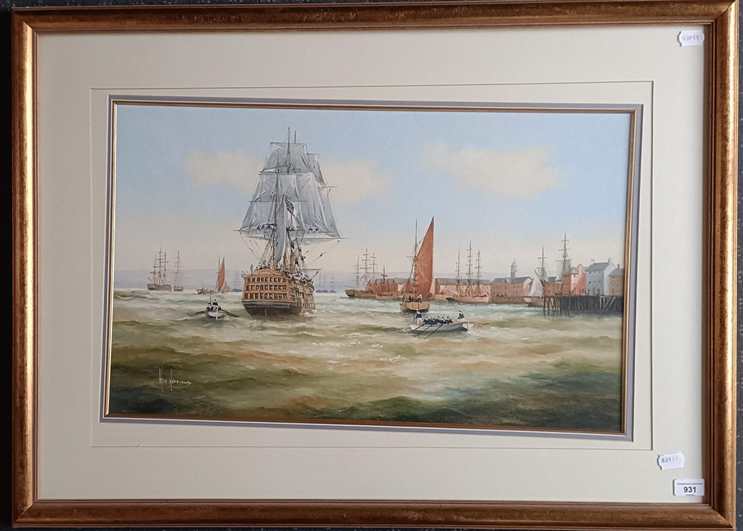 Ken Hammond (b. 1948), The Victory Entering Portsmouth Dock Yard, watercolour, 42 x 70 cm