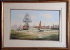 Ken Hammond (b. 1948), The Victory Entering Portsmouth Dock Yard, watercolour, 42 x 70 cm