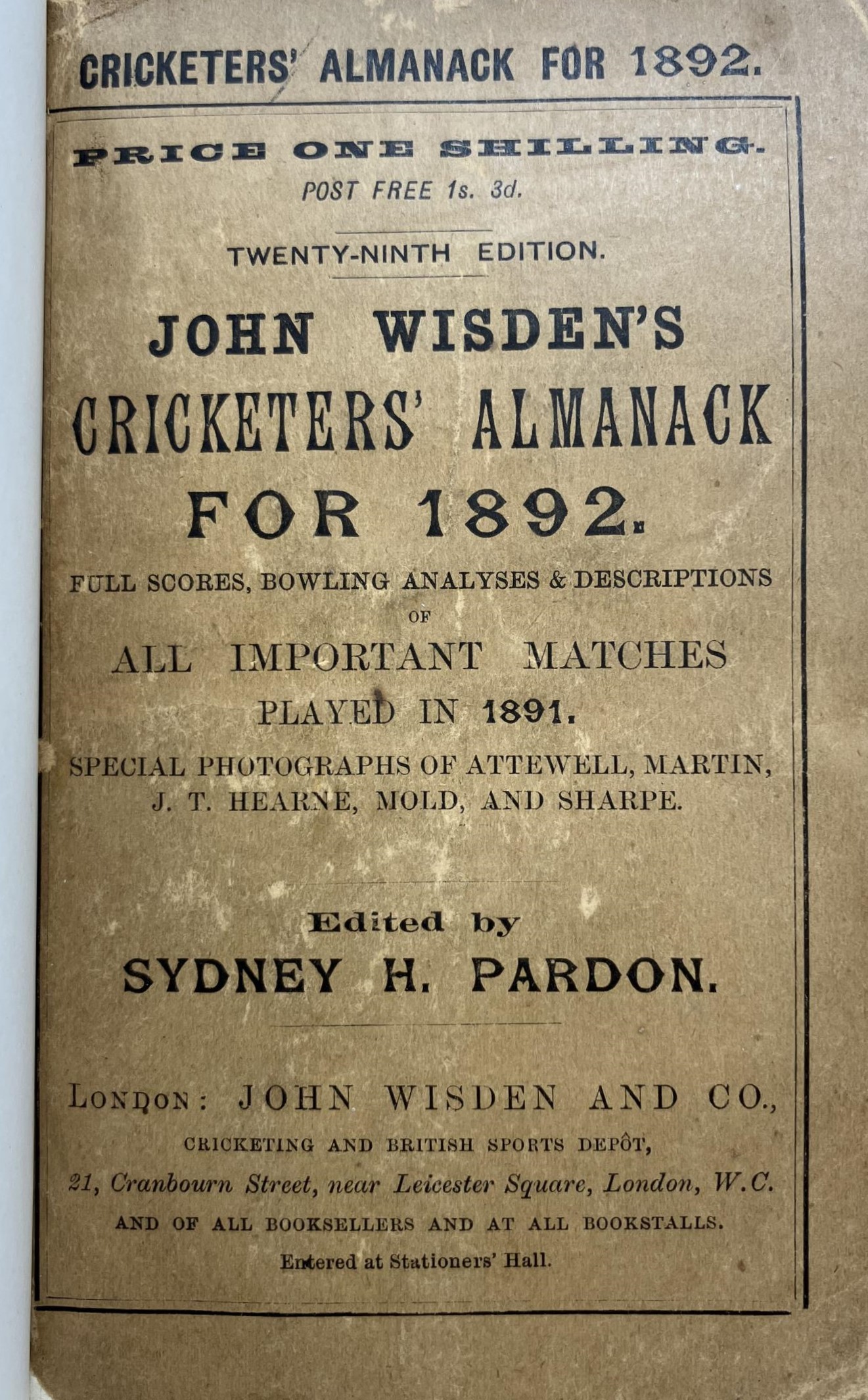 A Wisden Cricketers' Almanack, 1892 Provenance:  From the Harry Brewer Cricket Memorabilia - Image 3 of 4