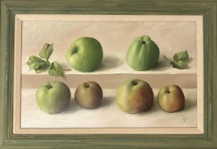20th century, English school, study of apples, oil on board, initialled S, 29 x 46 cm ,