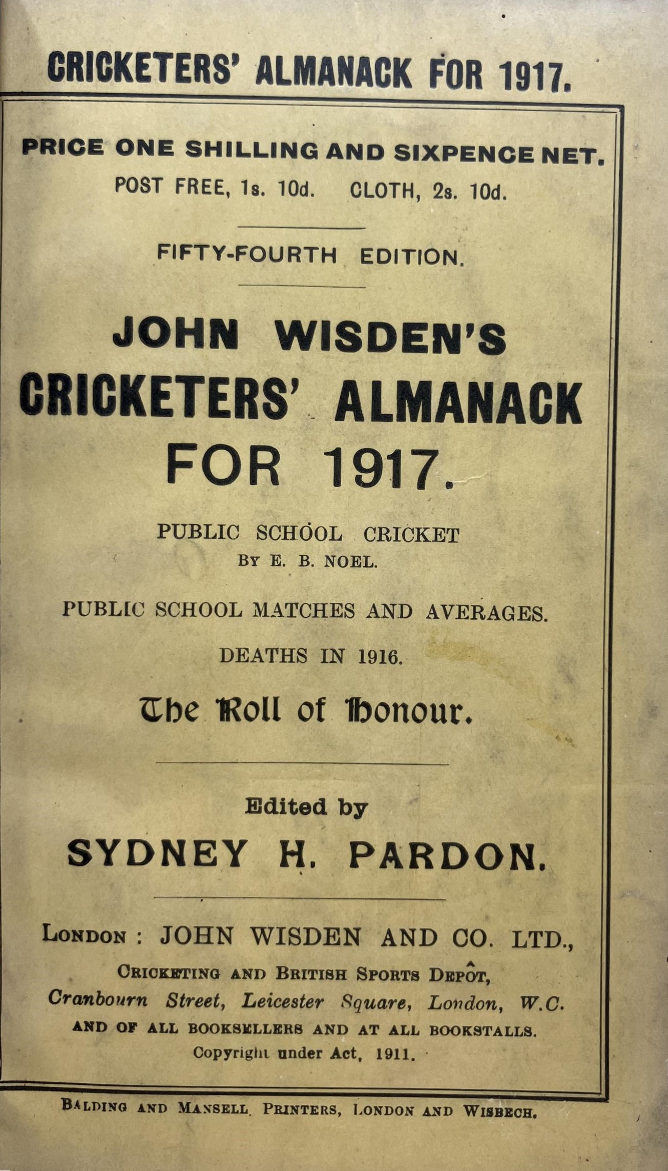 A Wisden Cricketers' Almanack, 1917 Provenance:  From the Harry Brewer Cricket Memorabilia - Image 3 of 4