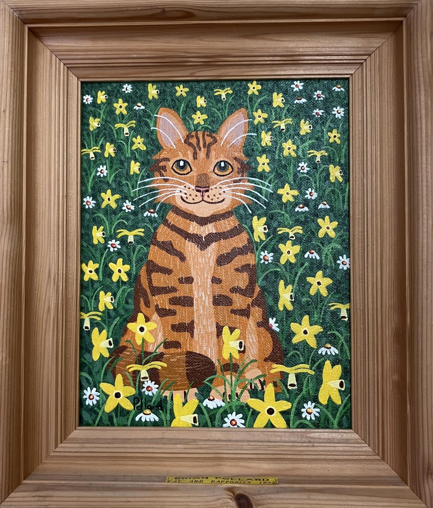 Brian Pollard (British b 1946), Cat and Daffodils, oil on board, signed, 22 x 17 cm
