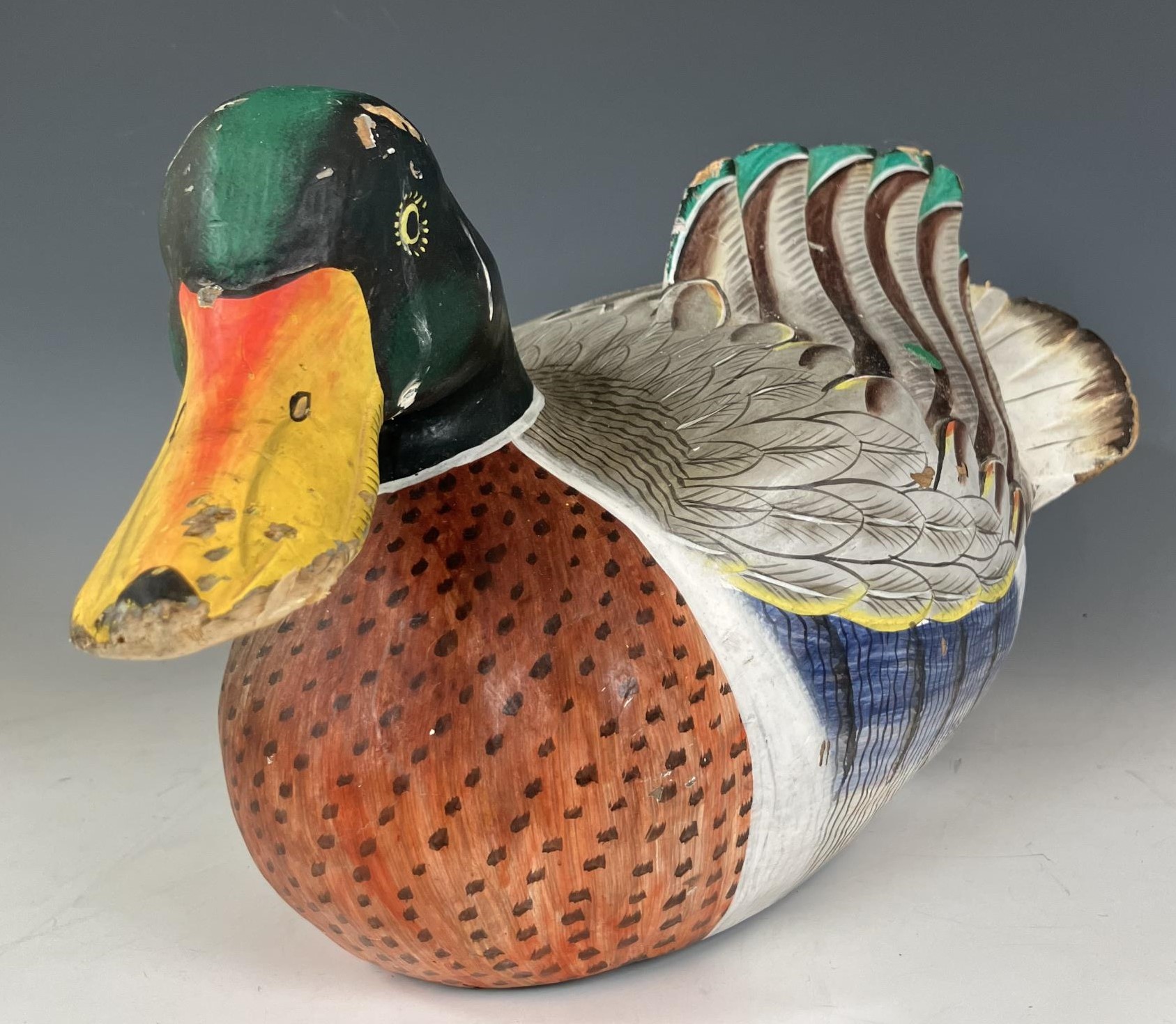 A pottery figure of a duck, 30 cm wide, and a carved and painted figure of a duck, 51 cm wide (2) - Image 4 of 4