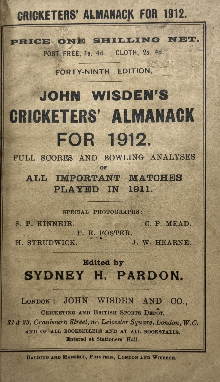 A Wisden Cricketers' Almanack, 1912 Provenance:  From the Harry Brewer Cricket Memorabilia - Image 3 of 4