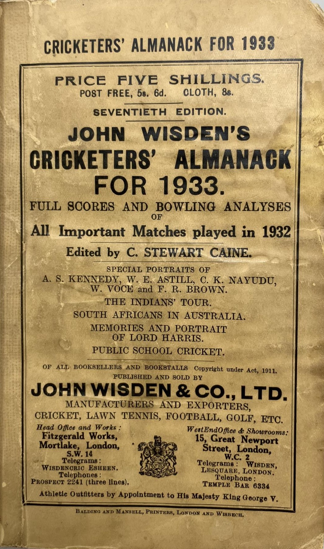 A Wisden Cricketers' Almanack, 1933 Provenance:  From the Harry Brewer Cricket Memorabilia - Image 3 of 4