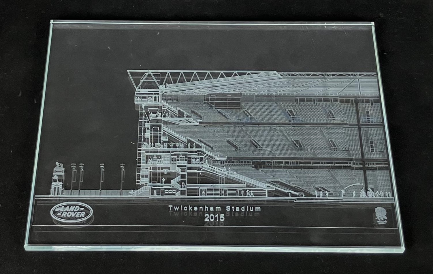 A laser etched glass plaque, showing a section of Twickenham Stadium 2015, 18 x 25 cm