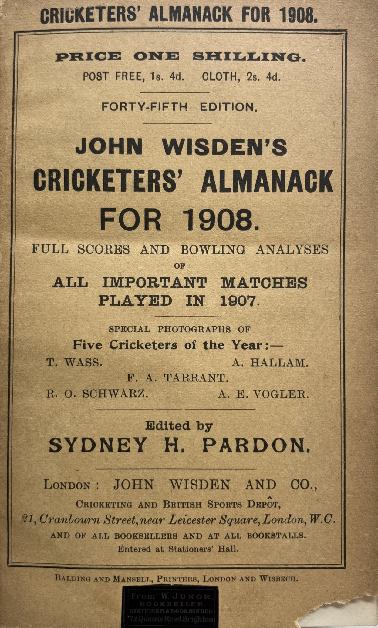 A Wisden Cricketers' Almanack, 1908 Provenance:  From the Harry Brewer Cricket Memorabilia - Image 3 of 4