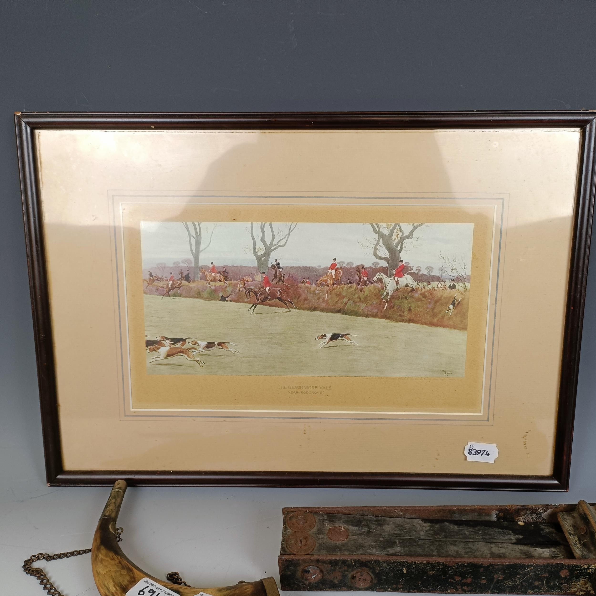 A Cecil Aldin coloured print, The Blackmore Vale, a Scottish horn flask, 24 cm, a rattle and a - Image 11 of 11