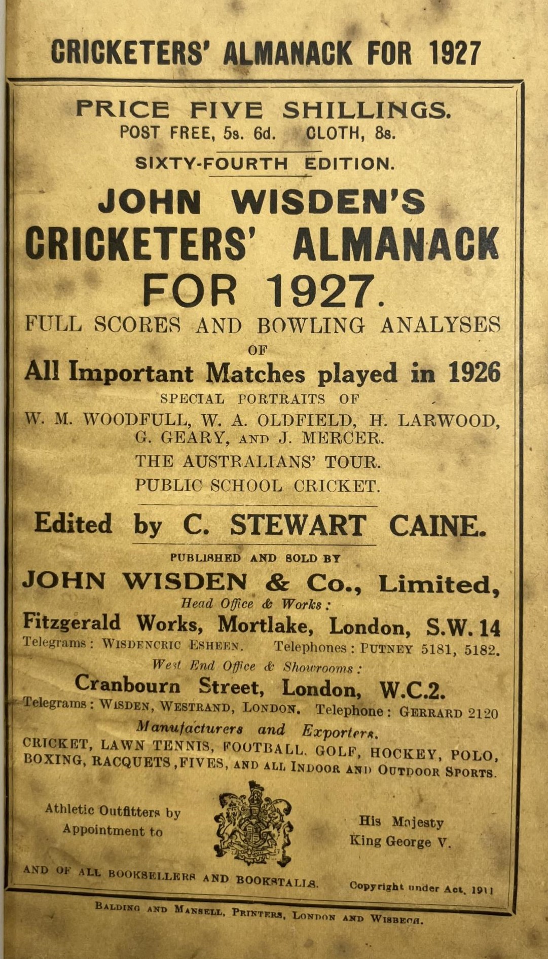 A Wisden Cricketers' Almanack, 1927 Provenance:  From the Harry Brewer Cricket Memorabilia - Image 3 of 4