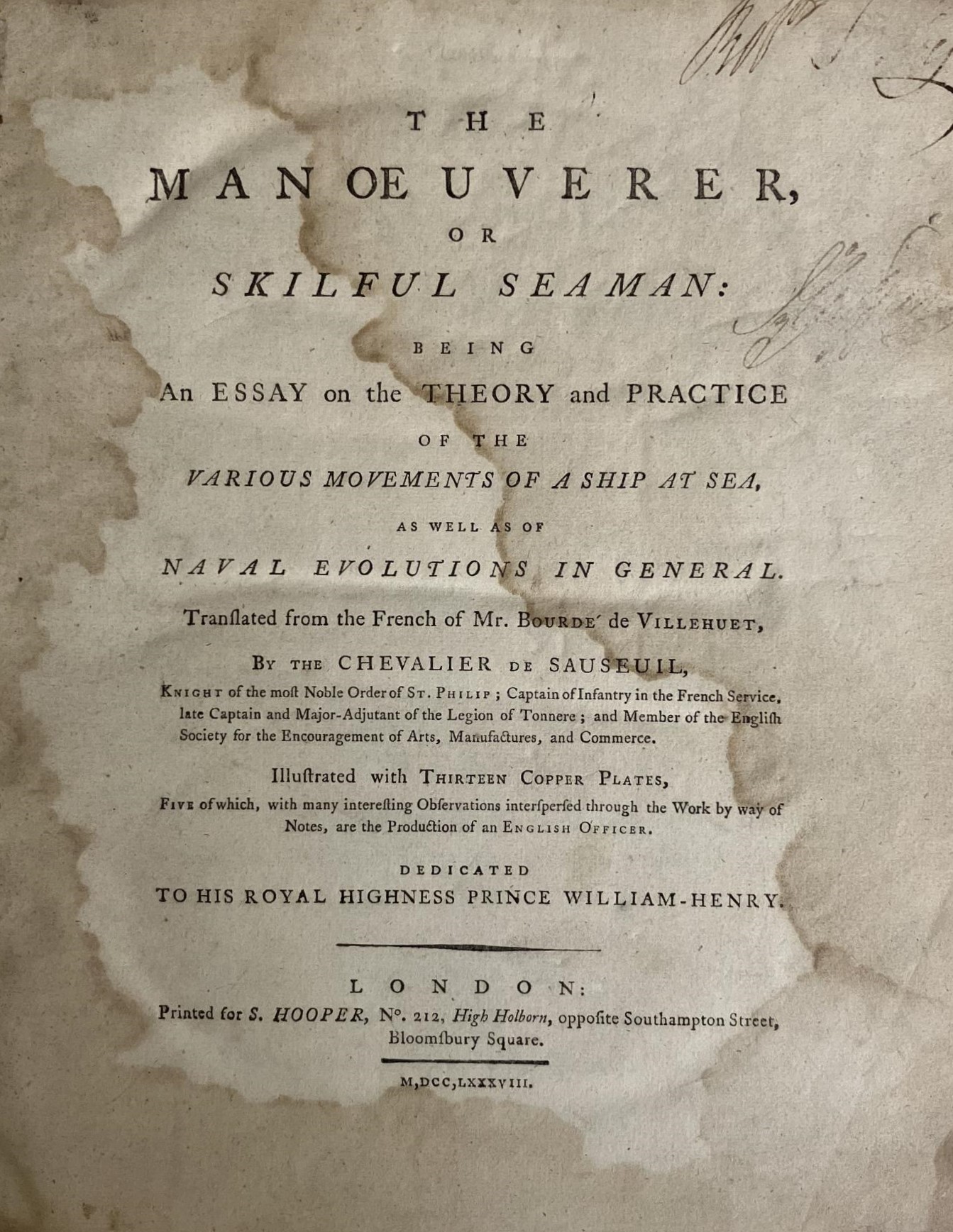 The Chevalier De Sauseuil, The Manoeuverer Or Skilful Seaman, (sic), published 1788