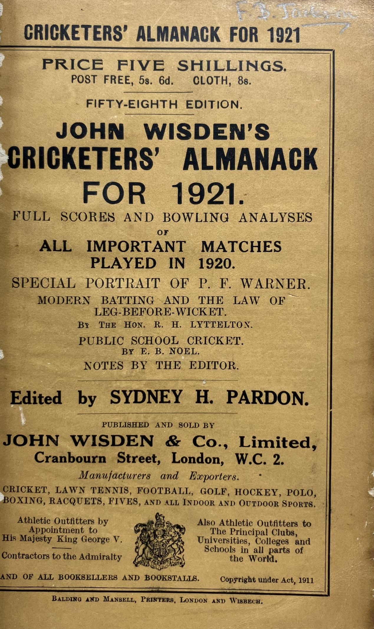 A Wisden Cricketers' Almanack, 1921 Provenance:  From the Harry Brewer Cricket Memorabilia - Image 3 of 4