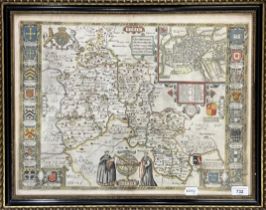 A John Speede coloured map, of Oxfordshire, dated 1605, 36 x 51 cm