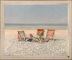 J R Sanders, deck chairs on a beach, oil on canvas, signed, 58 x 73 cm