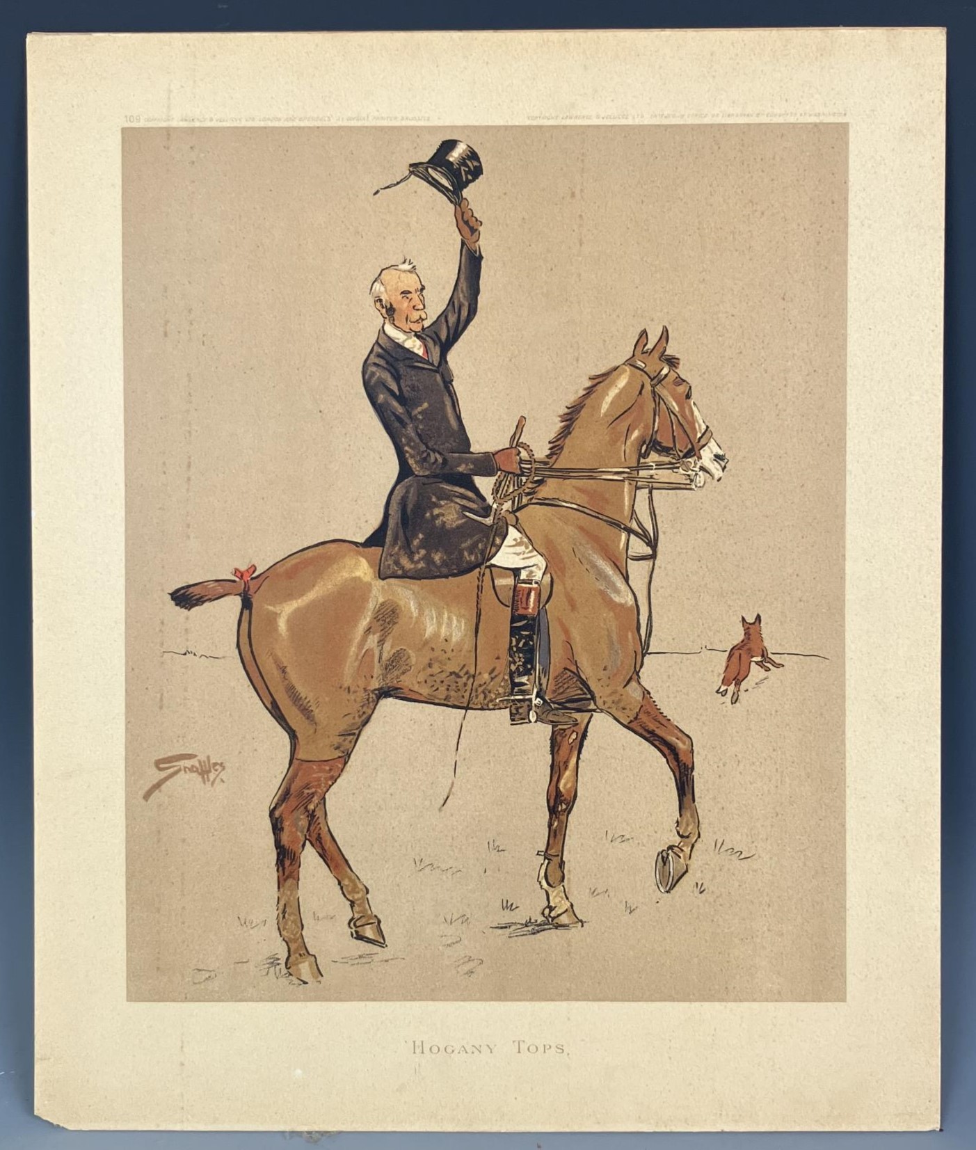 A pair of vintage leather riding boots, with trees, and three Snaffles hunting prints, Hogany - Image 6 of 6