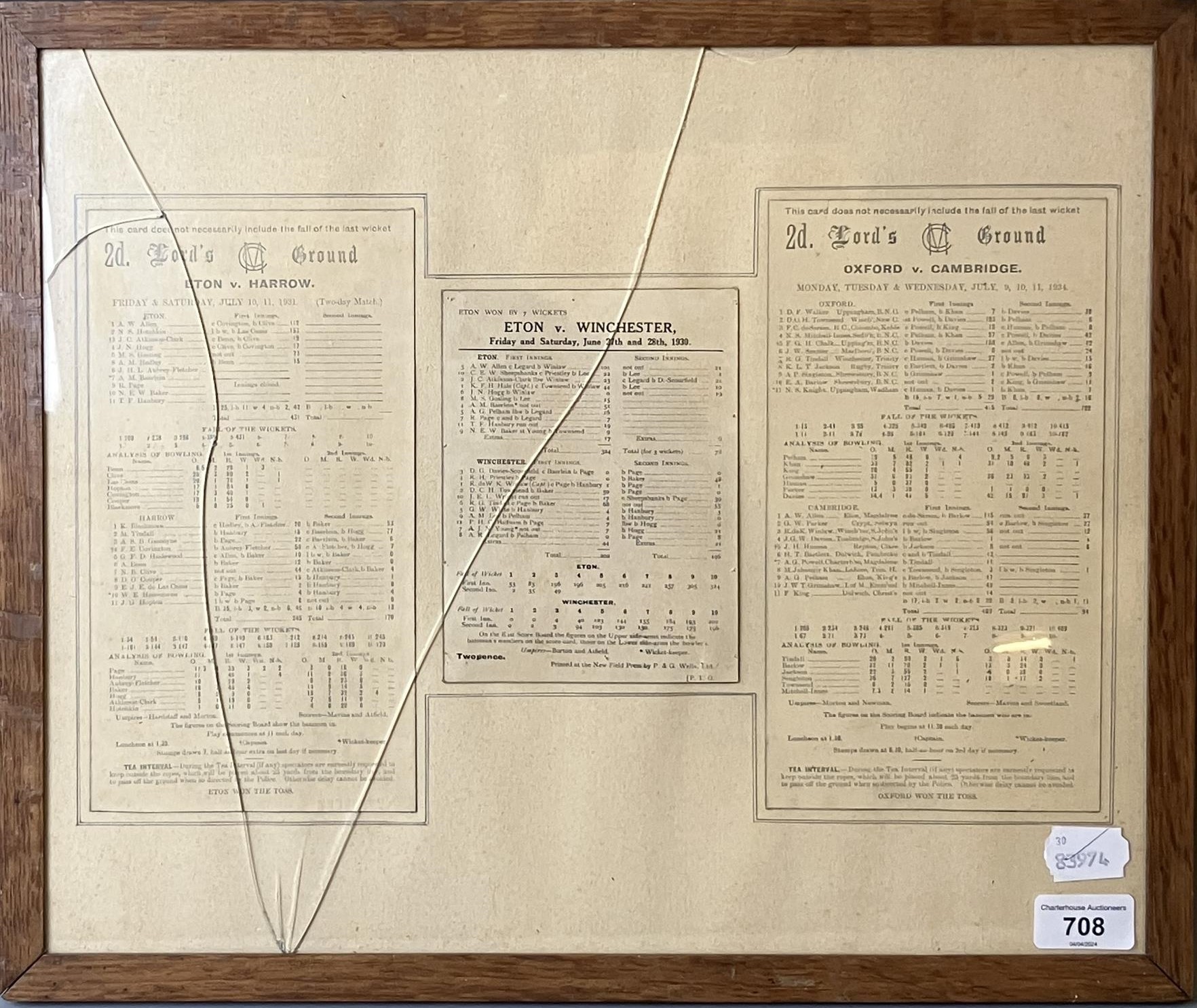 Three sports results cards, Eton v Harrow, Eton v Winchester, and Oxford v Cambridge, framed as