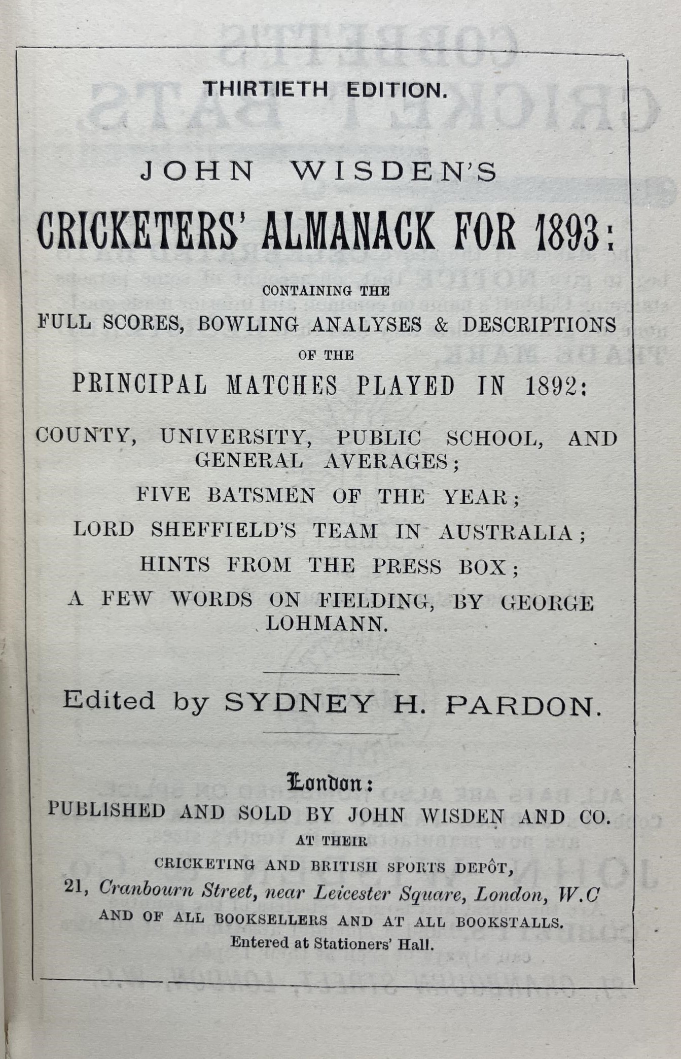 A Wisden Cricketers' Almanack, 1893 Provenance:  From the Harry Brewer Cricket Memorabilia