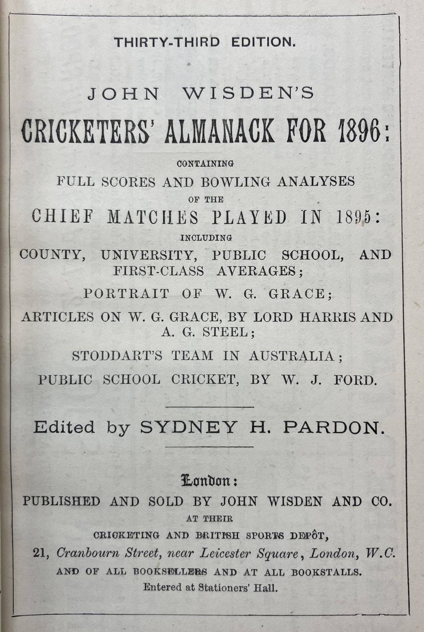 A Wisden Cricketers' Almanack, 1896 Provenance:  From the Harry Brewer Cricket Memorabilia