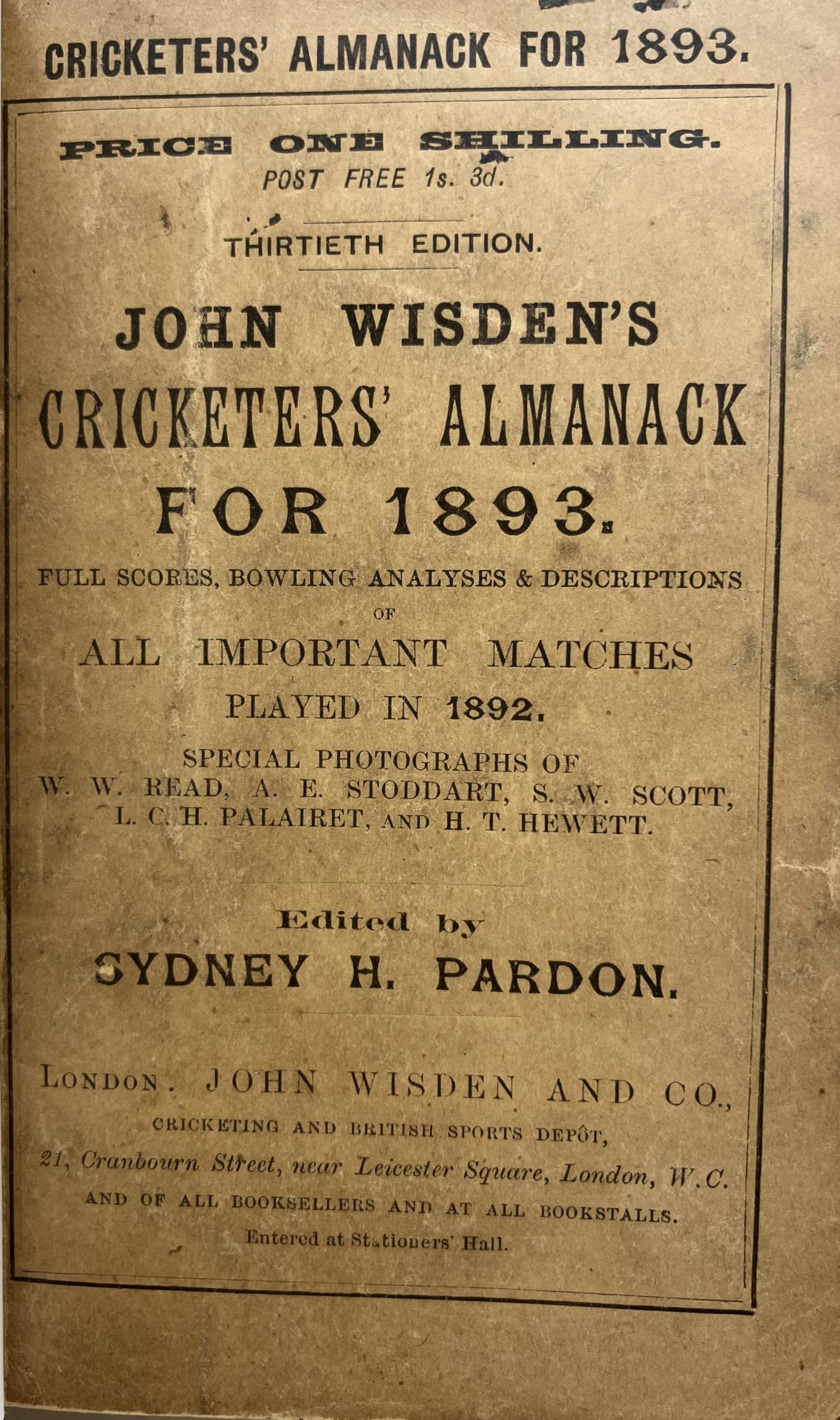 A Wisden Cricketers' Almanack, 1893 Provenance:  From the Harry Brewer Cricket Memorabilia - Image 3 of 4