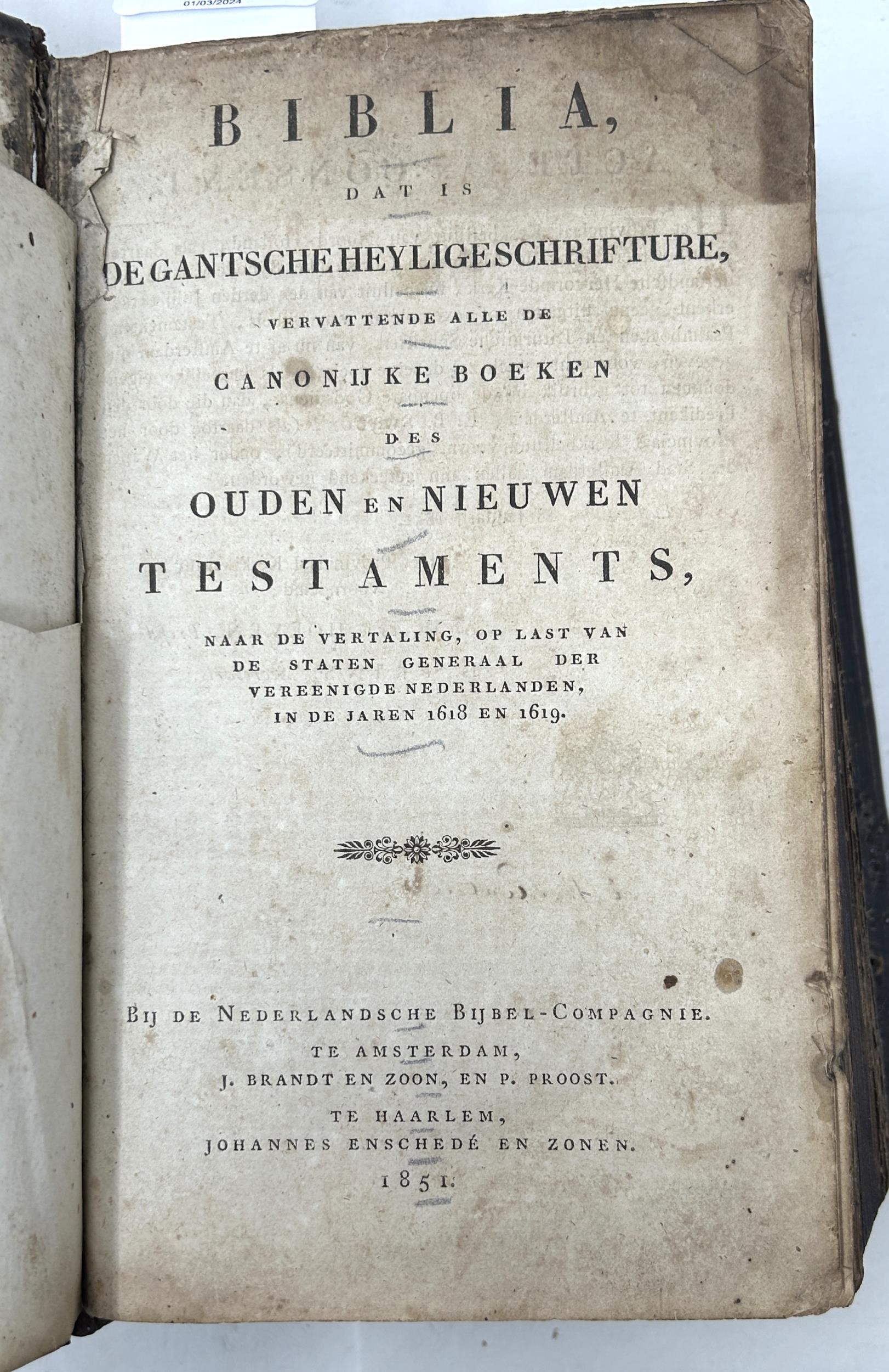 A Dutch bible, panel calf, panel calf, lacks straps Sold with all faults, not subject to return