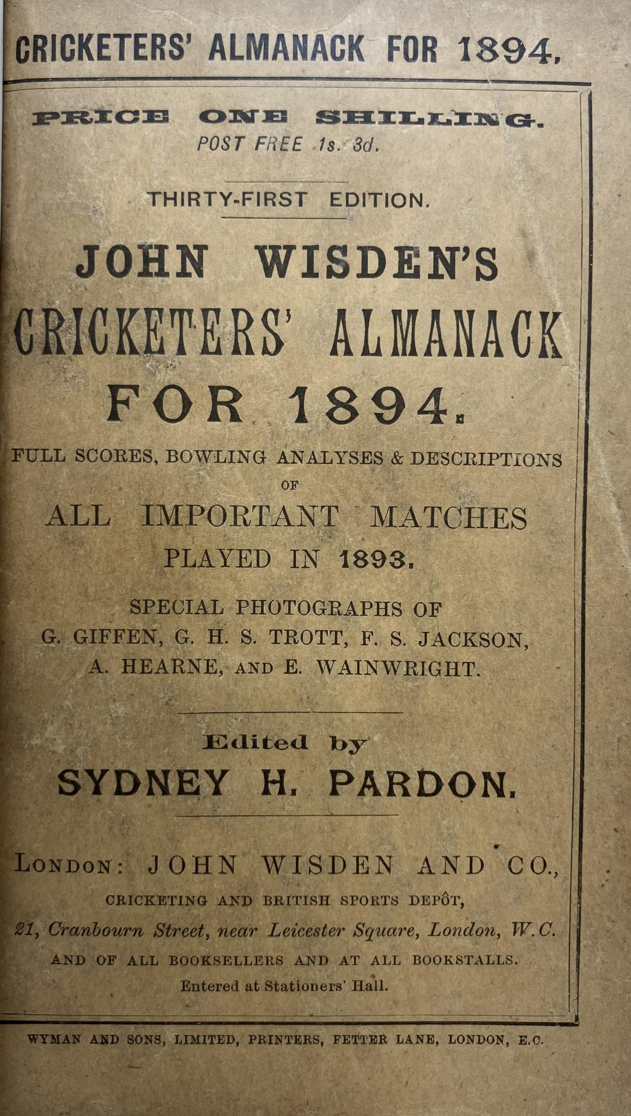 A Wisden Cricketers' Almanack, 1894 Provenance:  From the Harry Brewer Cricket Memorabilia - Image 3 of 4
