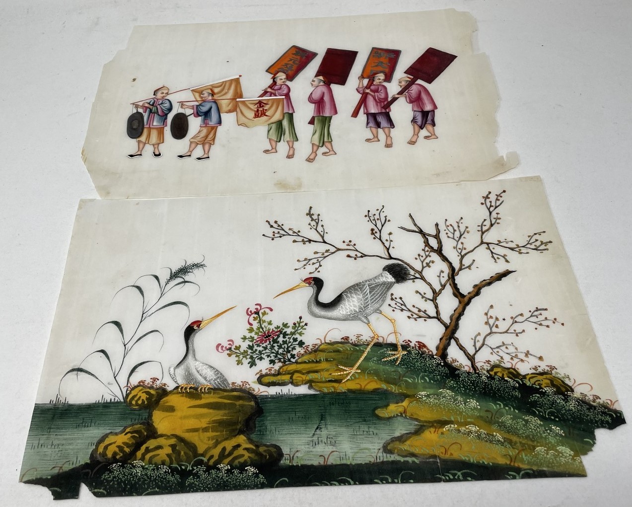 A group of assorted Chinese drawings on pith paper, in a folio Appears to have been attic/garage/