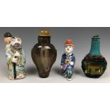 A Chinese hardstone snuff bottle, 8 cm high, and three other snuff bottles