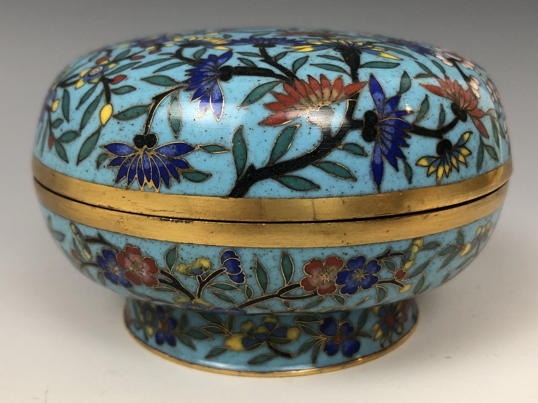 A Chinese cloisonné bowl and cover, decorated butterflies, foliage and prunus, 9.5 cm diameter