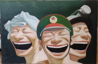 Manner of Yue Minjun, laughing military figures, print, 92 x 62 cm, unframed