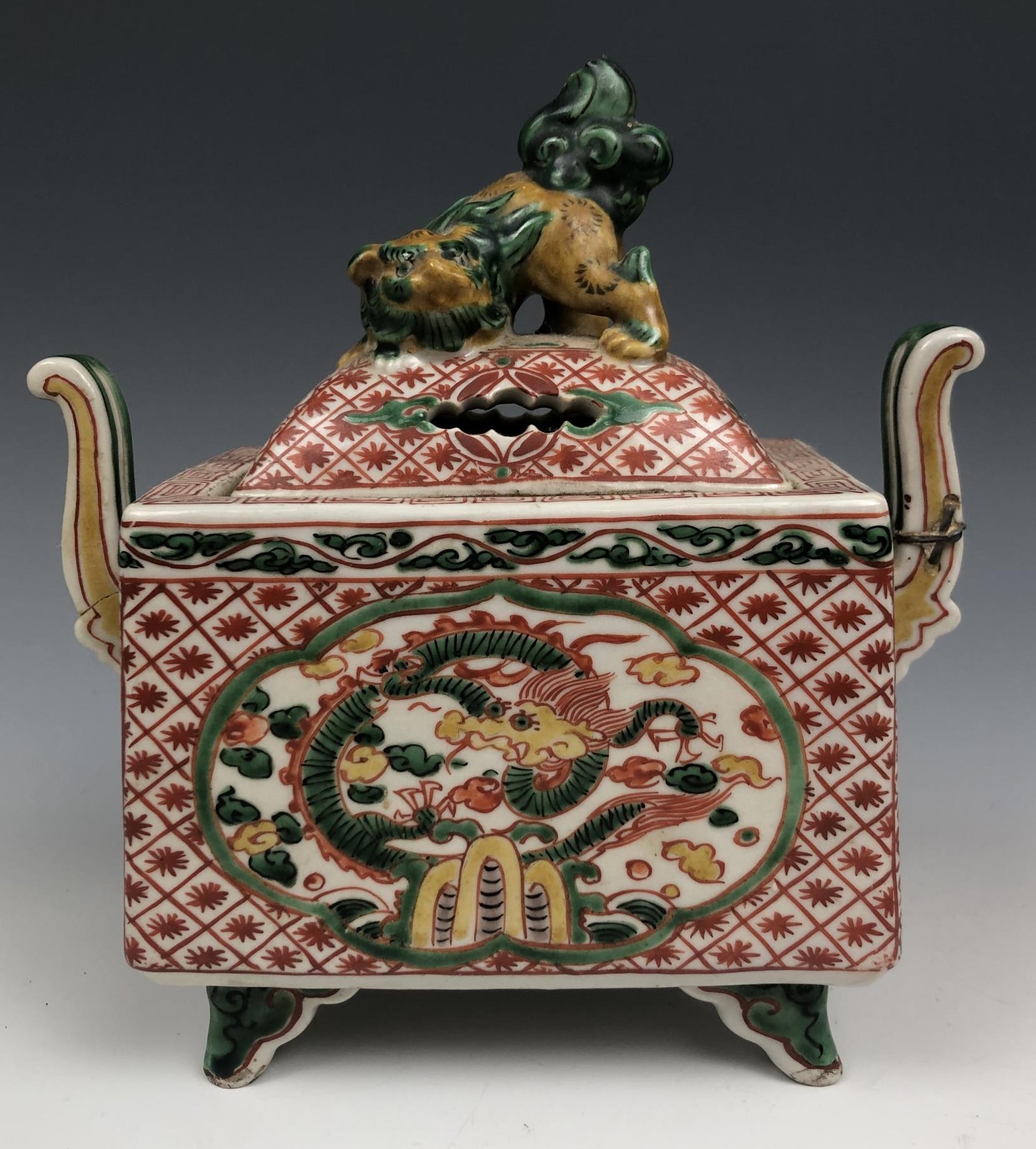 A pair of Chinese two handled censers and covers, decorated dragons, 17 cm high (2) some damage - Image 7 of 11