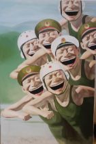 Manner of Yue Minjun, laughing military figures, print, 60 x 93 cm, unframed