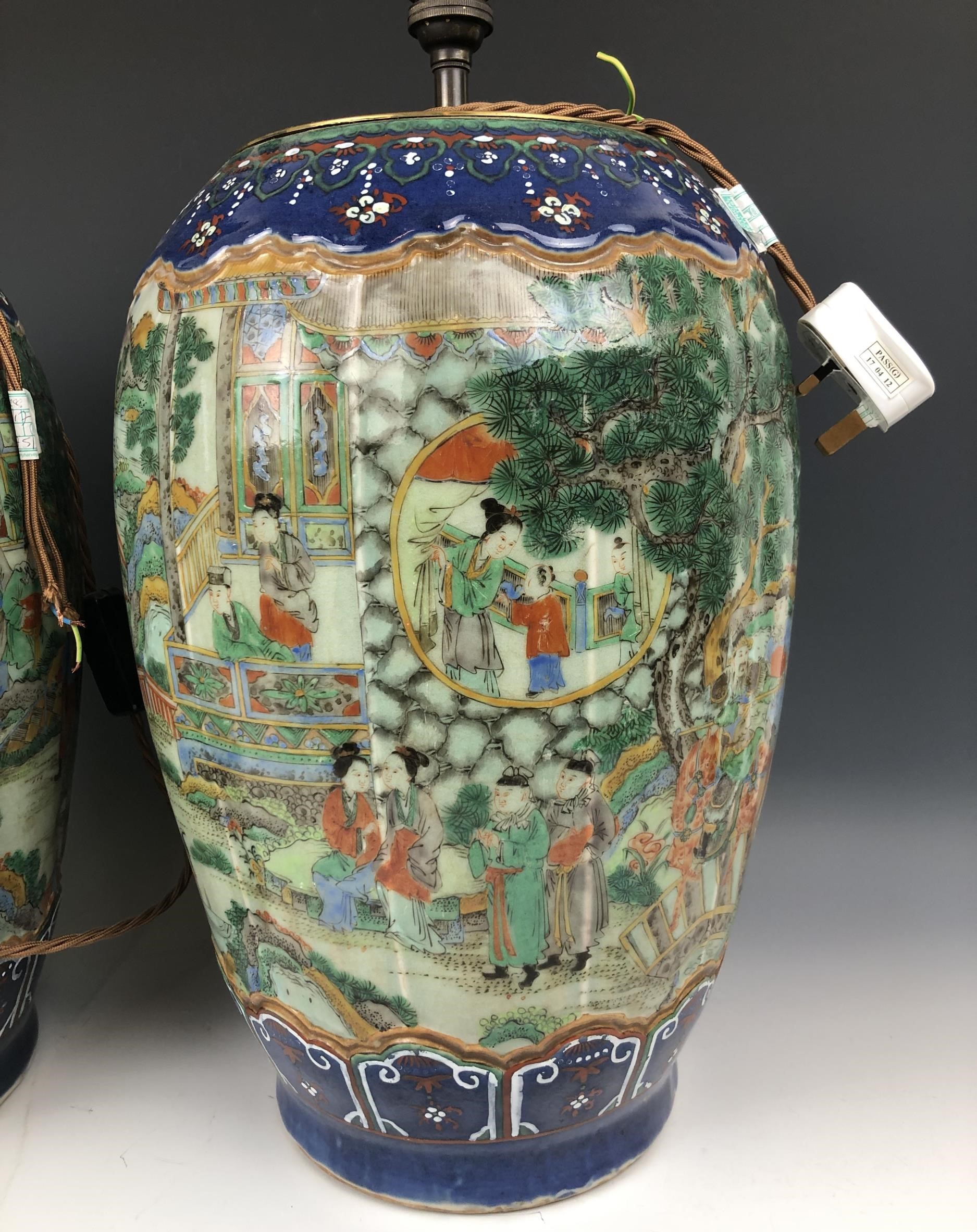 A large pair of Chinese vases, of lobed ovoid form, decorated figures in enamel colours, drilled and - Image 2 of 5