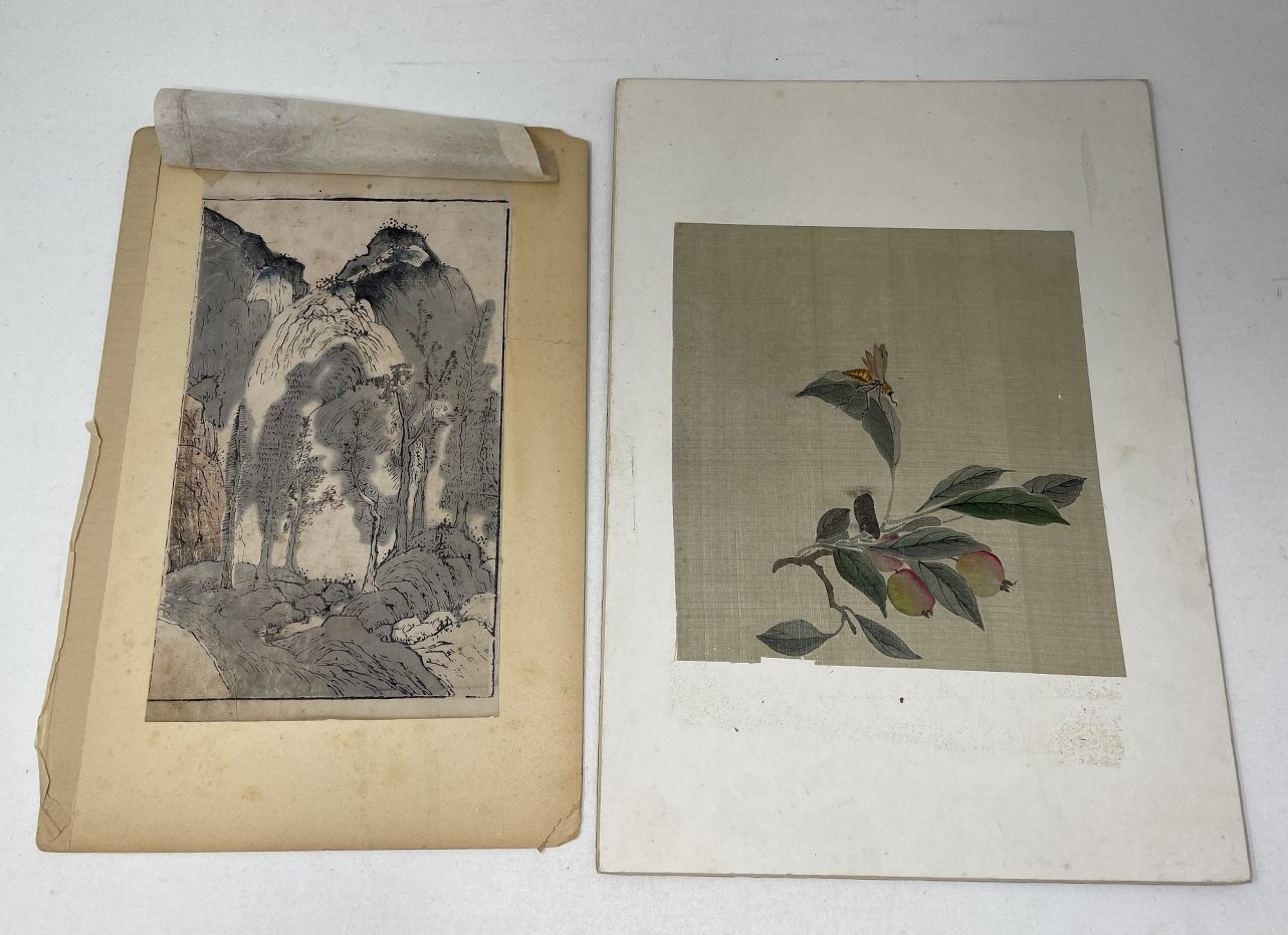 A group of Chinese paintings on fabric, and another picture, in a folio Various sizes