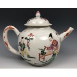 A Chinese famille rose teapot and cover, decorated figures, 12 cm high very minor spout chips