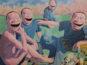 Manner of Yue Minjun, laughing figures in a park, print, 103 x 77 cm, unframed