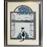 A modern Japanese limited edition print, of a cat in a window, 35/100, 48 x 35 cm