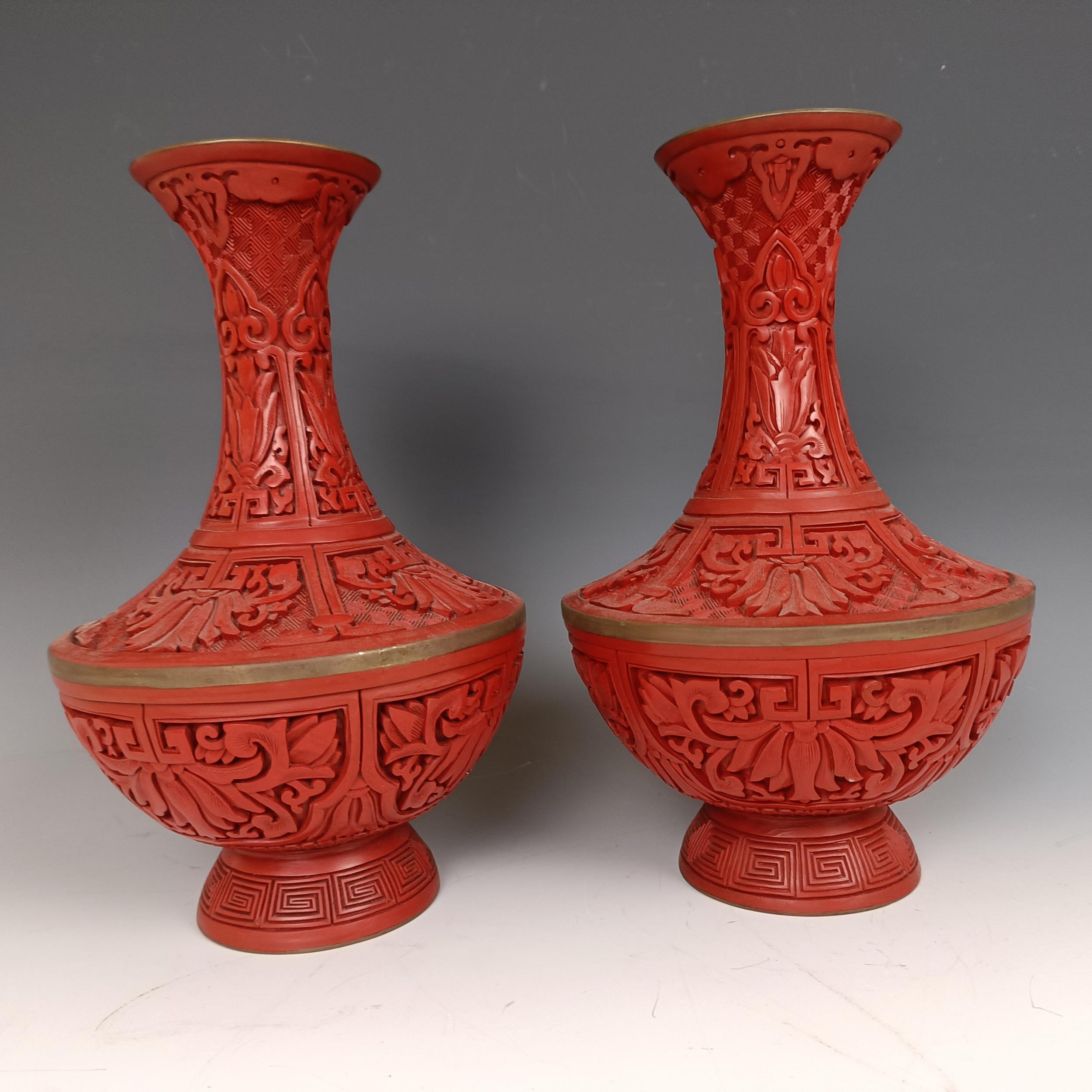 A pair of Chinese cinnabar lacquer vases, 27 cm high Provenance: Purchased from the Sotheby's - Image 4 of 9