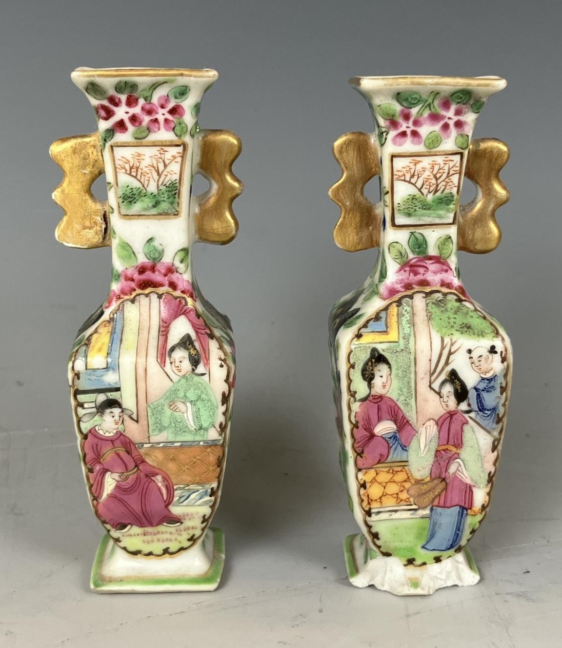 A pair of Chinese famille verte spill vases, decorated figures, with pierced decoration, 11 cm high, - Image 6 of 8