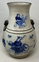 A Chinese crackleglaze vase decorated figures, and a blue glazed cockerel, 33 cm high (2)