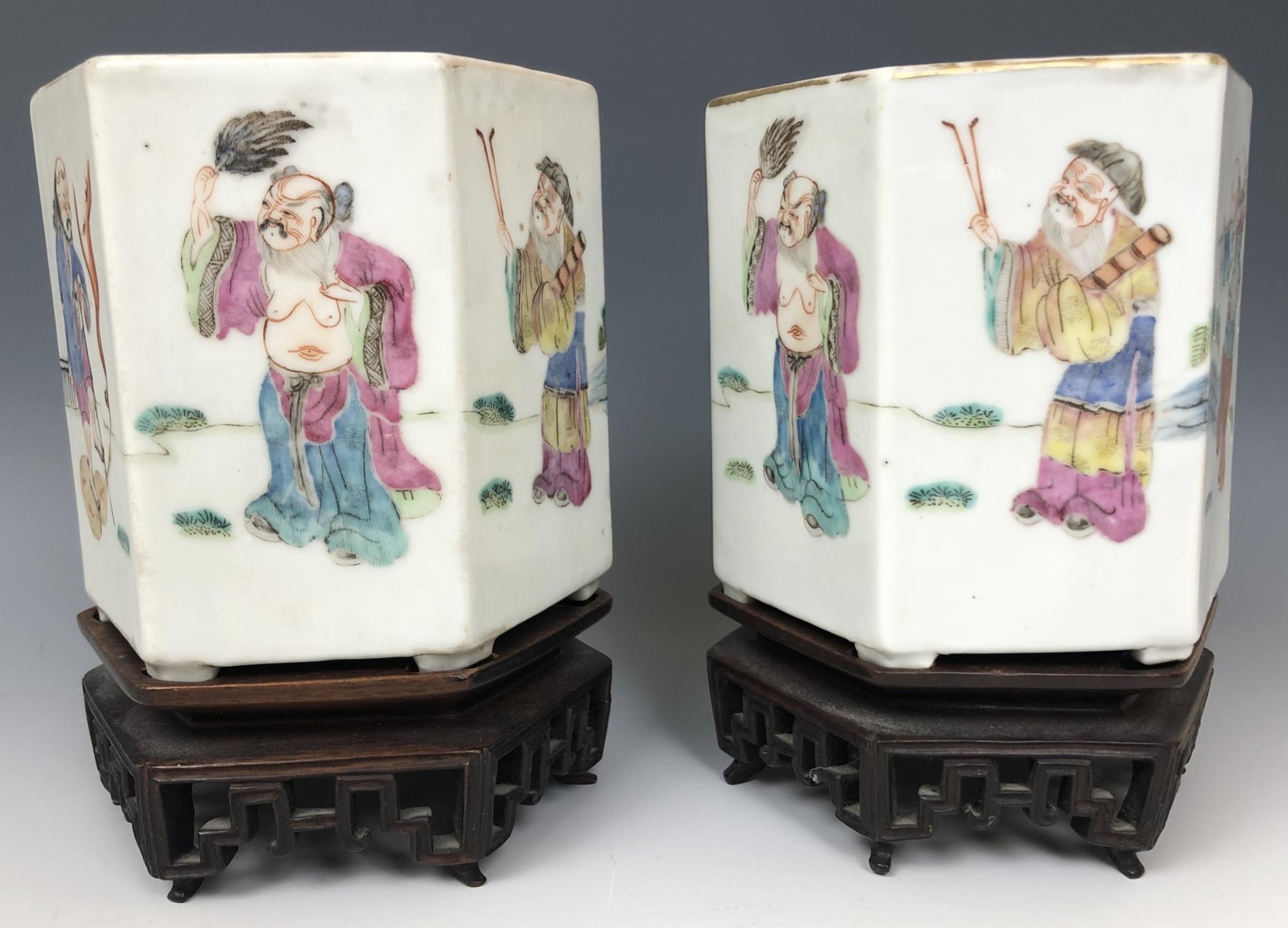 A pair of Chinese hexagonal vases, decorated various figures in famille rose colours, seal mark to - Image 2 of 5