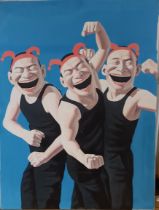 Manner of Yue Minjun, three laughing figures, print, 104 x 78 cm, unframed