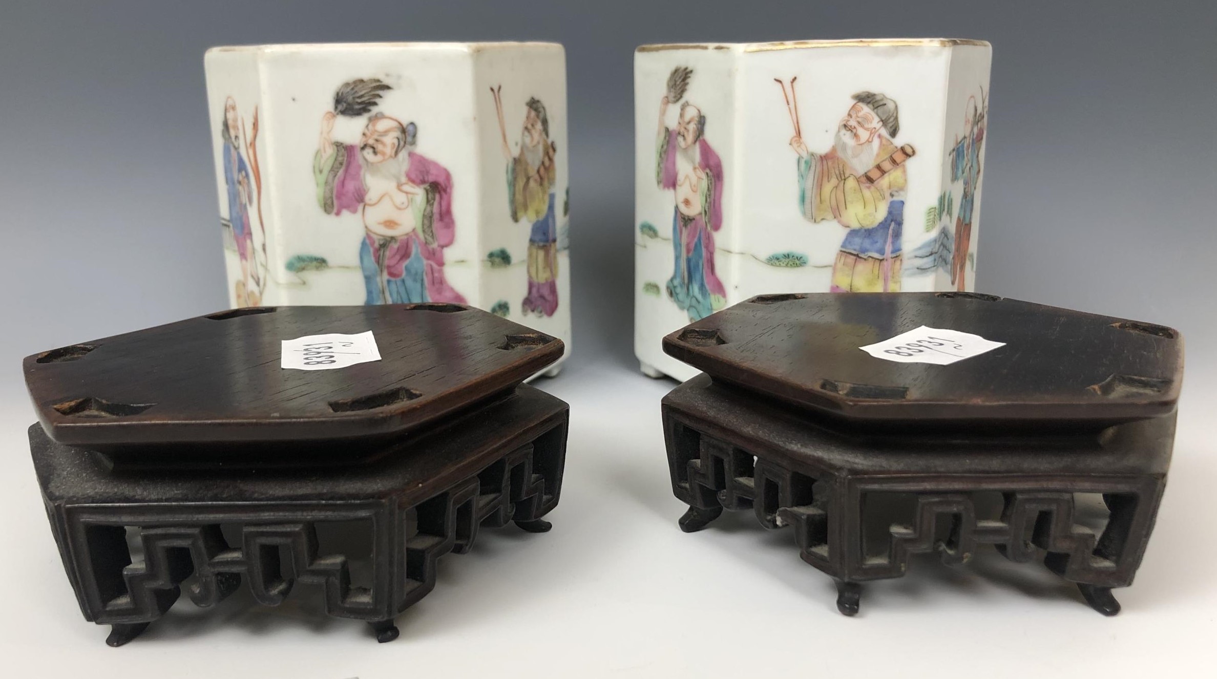 A pair of Chinese hexagonal vases, decorated various figures in famille rose colours, seal mark to - Image 5 of 5