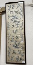 A Chinese silk embroidered panel, decorated birds and foliage, 27 x 86 cm some fading, light
