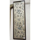 A Chinese silk embroidered panel, decorated birds and foliage, 27 x 86 cm some fading, light