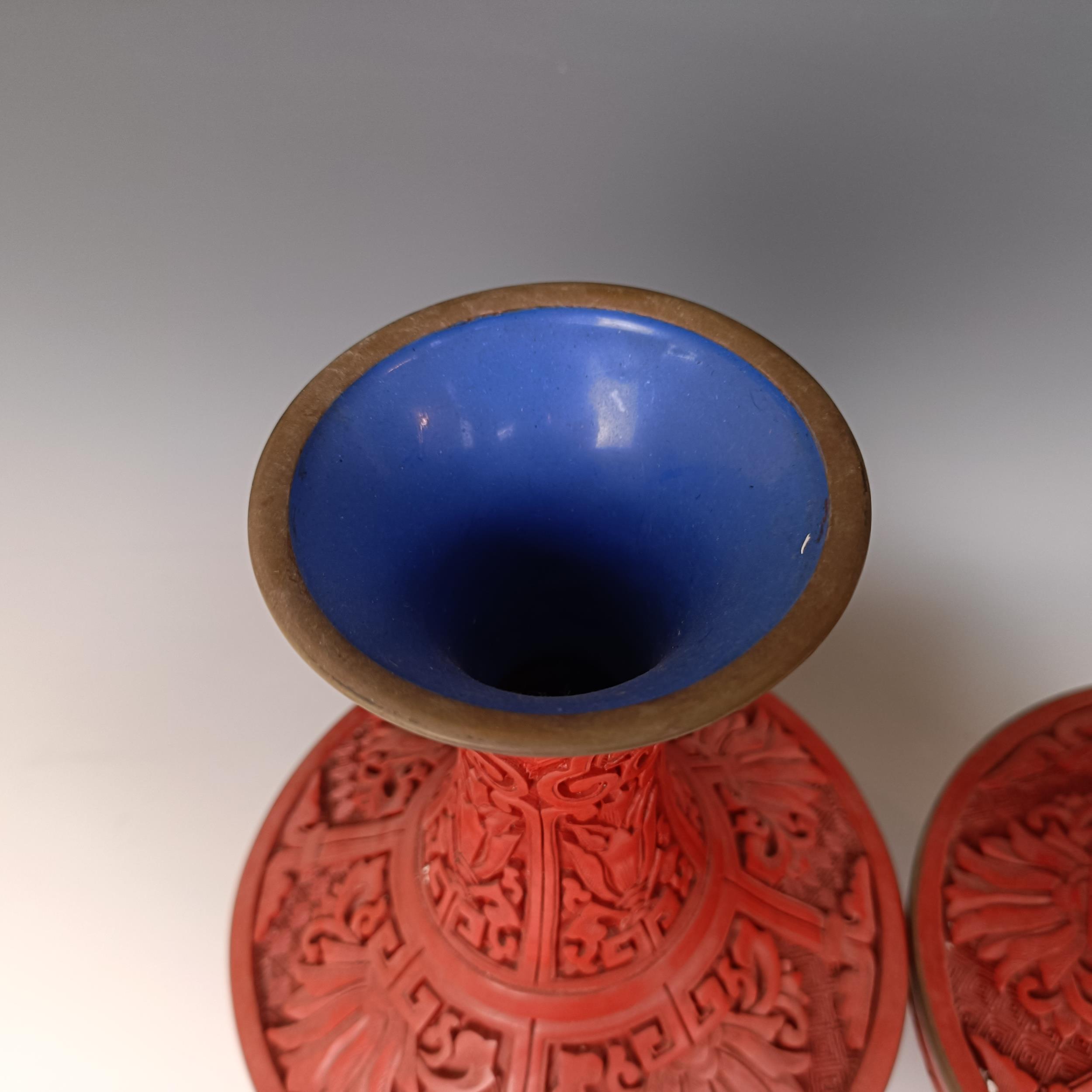 A pair of Chinese cinnabar lacquer vases, 27 cm high Provenance: Purchased from the Sotheby's - Image 9 of 9