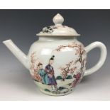 A Chinese famille rose teapot and cover, decorated figures, 13.5 cm high no visible chips or cracks,