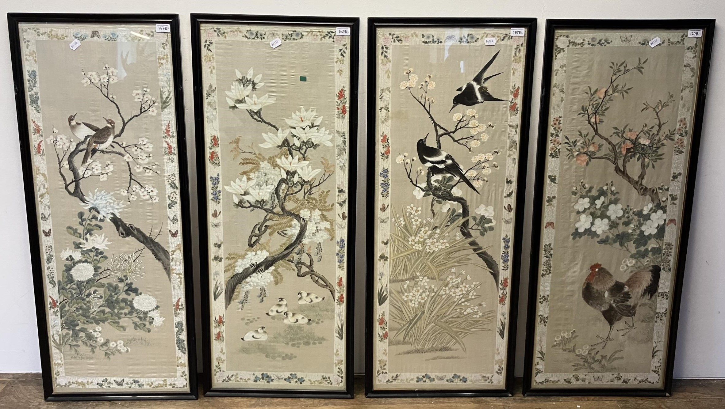 A set of four Chinese scroll pictures, decorated birds, framed, 110 x 42 cm (4)